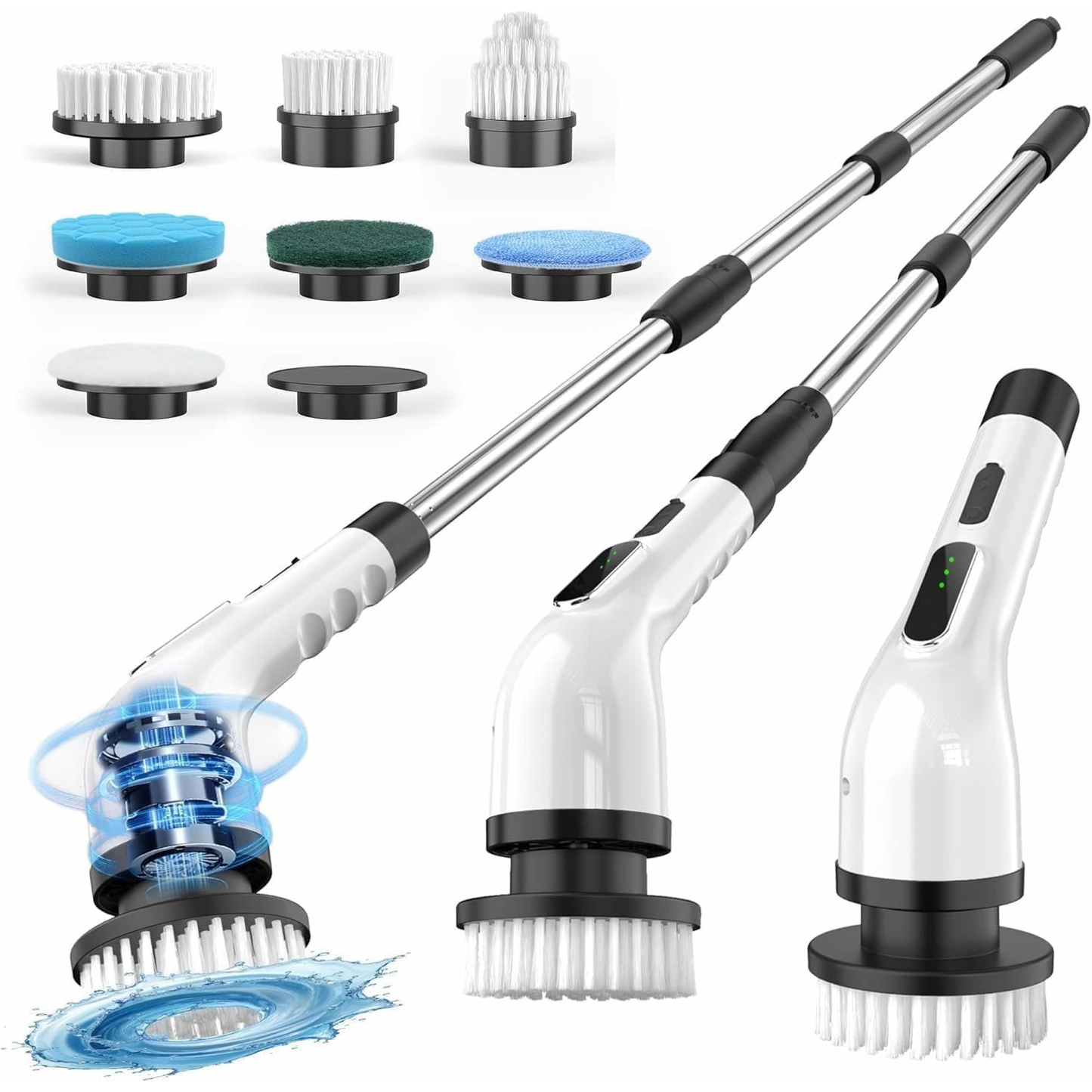 White electric spin scrubber shown in compact and extended configurations beside its interchangeable attachments
