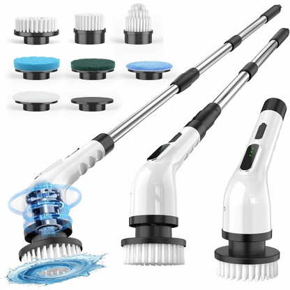 White electric spin scrubber shown in compact and extended configurations beside its interchangeable attachments