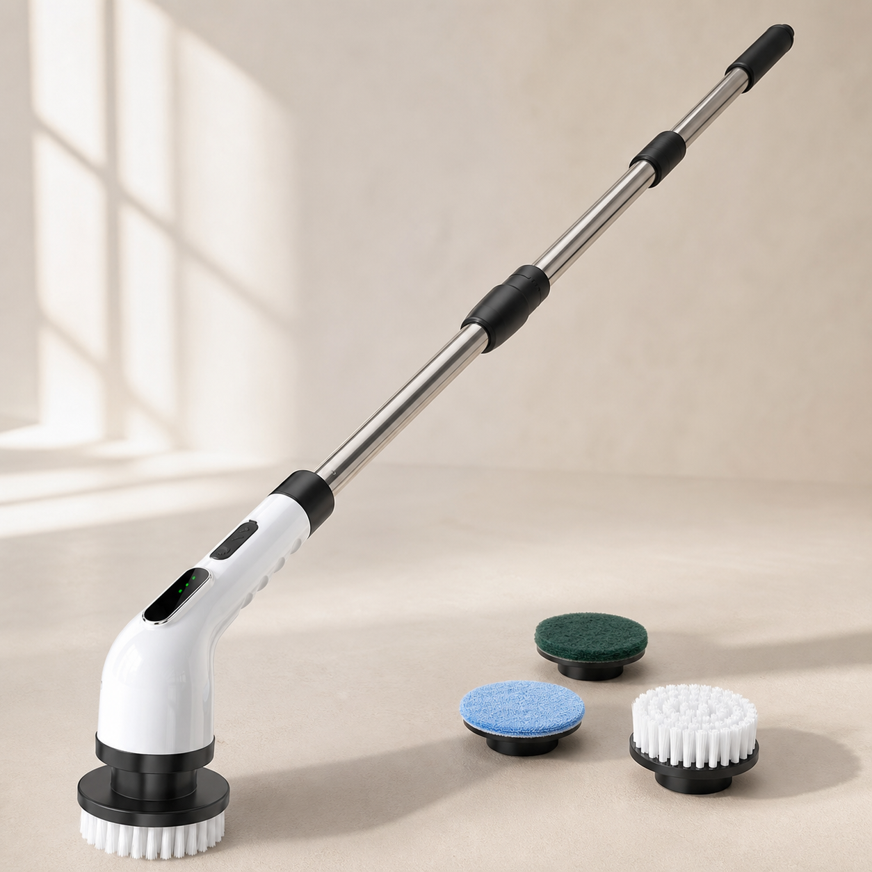 White electric spin scrubber presented vertically in a cream studio setting