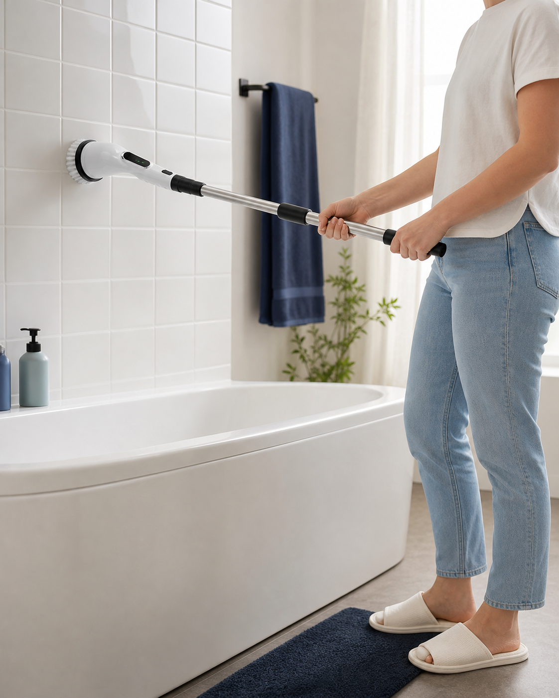 Person guiding the long-handle white electric scrubber along a tiled bathtub wall