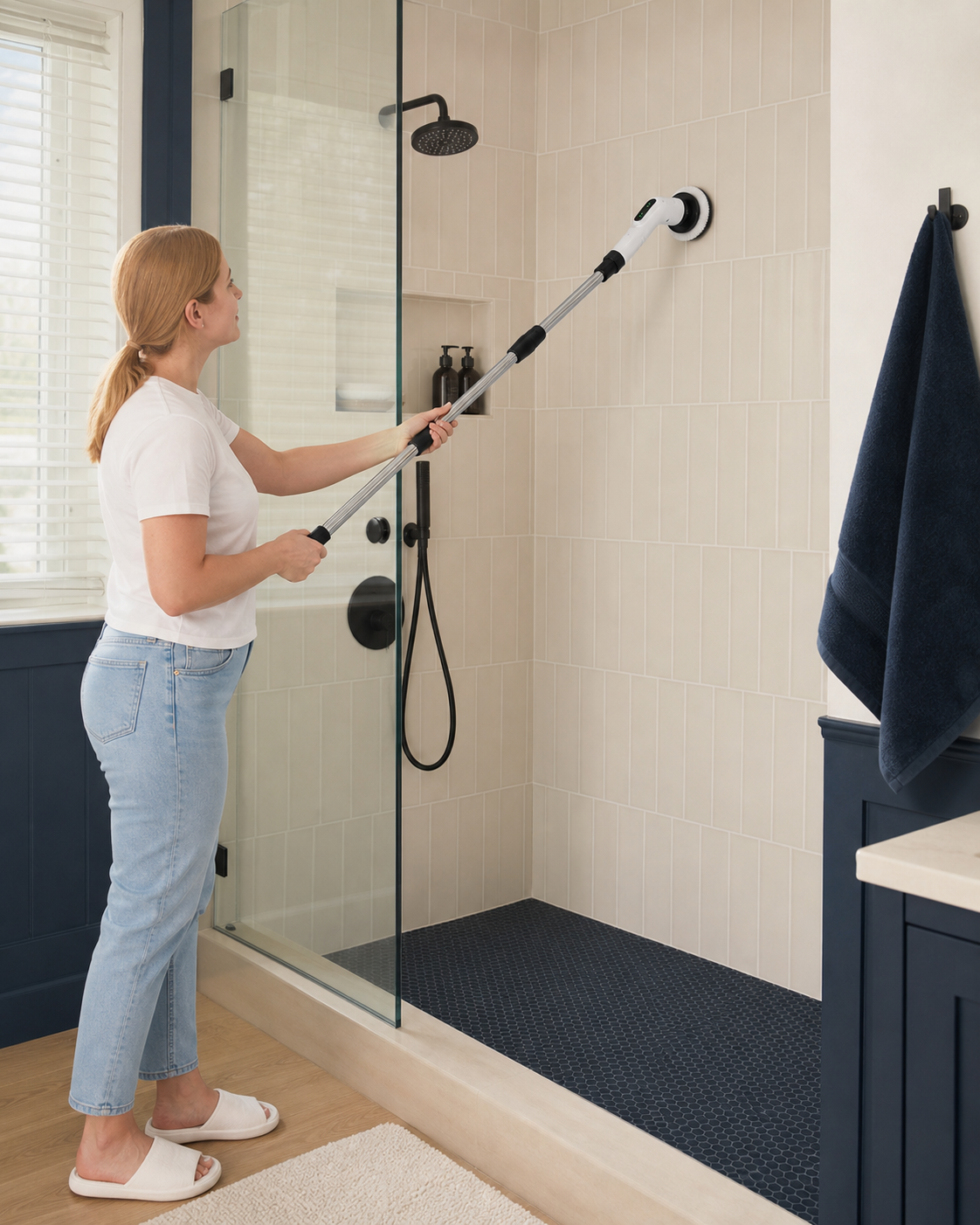 Person using the long-handle white electric scrubber on a tiled shower wall