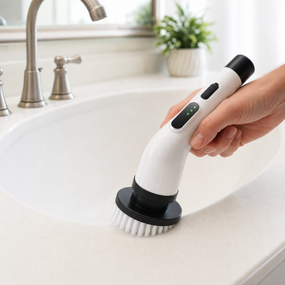 Compact white electric scrubber cleaning around a bathroom sink rim