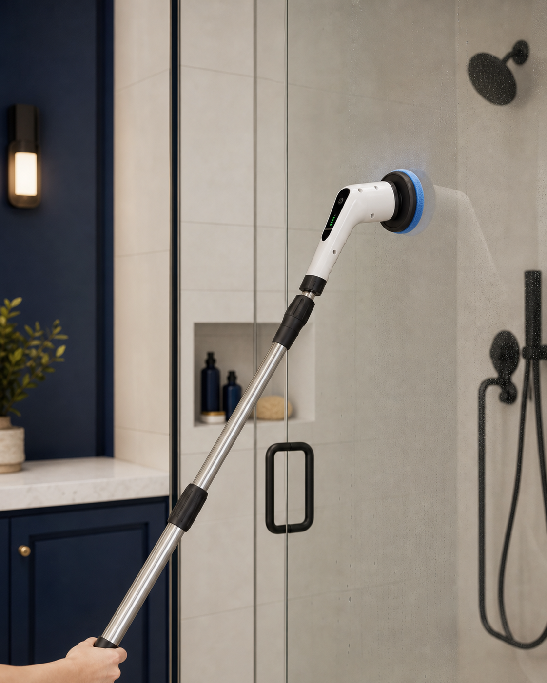 White electric scrubber with a cloth attachment contacting a glass shower panel