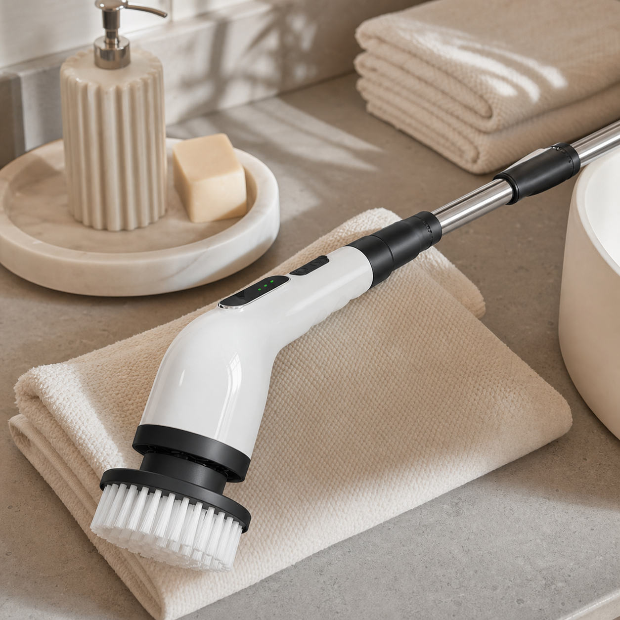 White electric spin scrubber placed beside folded towels after bathroom cleaning