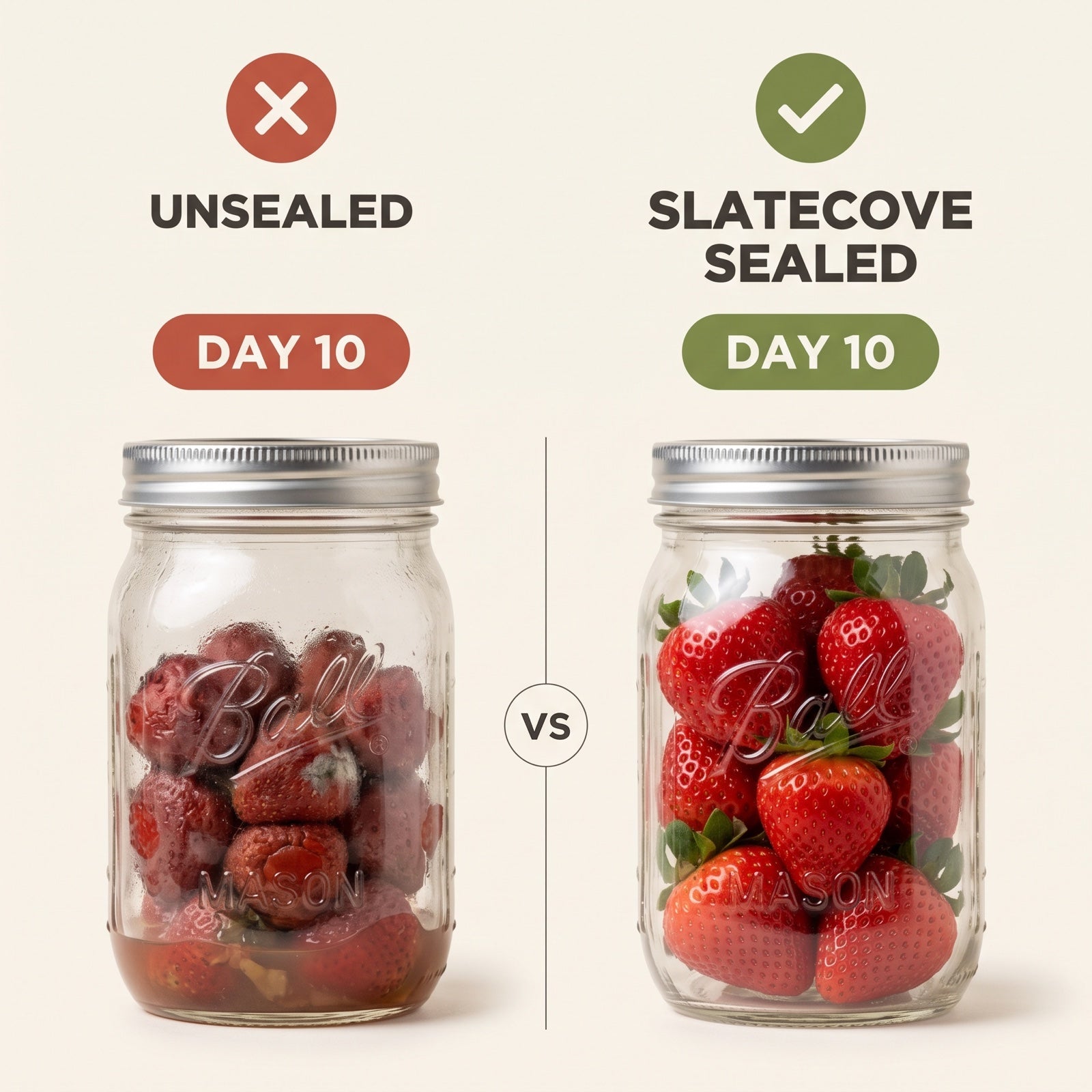 Freshness comparison with an unsealed strawberry jar beside a Slatecove sealed strawberry jar