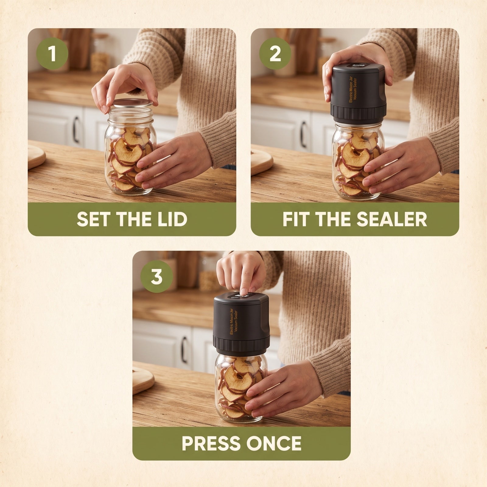 Three-step visual guide for using the Mason Jar Vacuum Sealer: set the lid, fit the sealer, press once