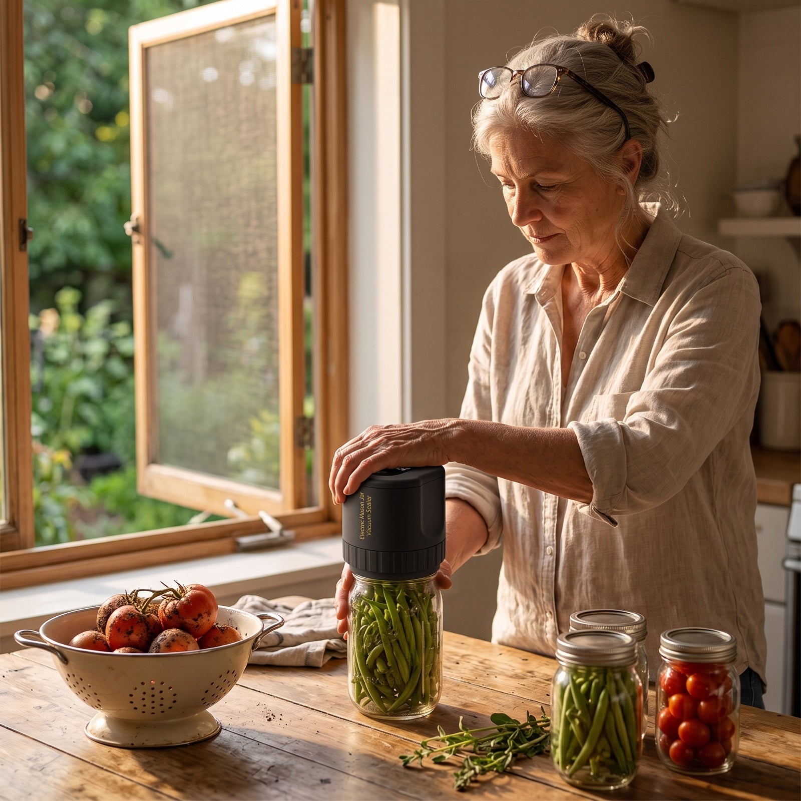 Home kitchen harvest scene with green beans in mason jars and the Mason Jar Vacuum Sealer near a garden window